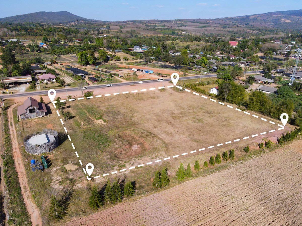Land plot for building house aerial view, land field with pins, pin location for housing subdivision residential development