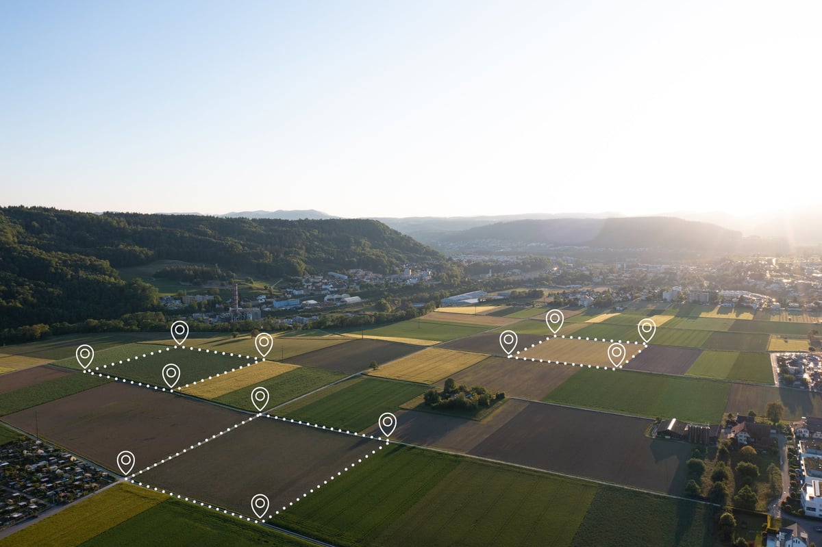 Land plot in aerial view, vacant area parcel available for building and development