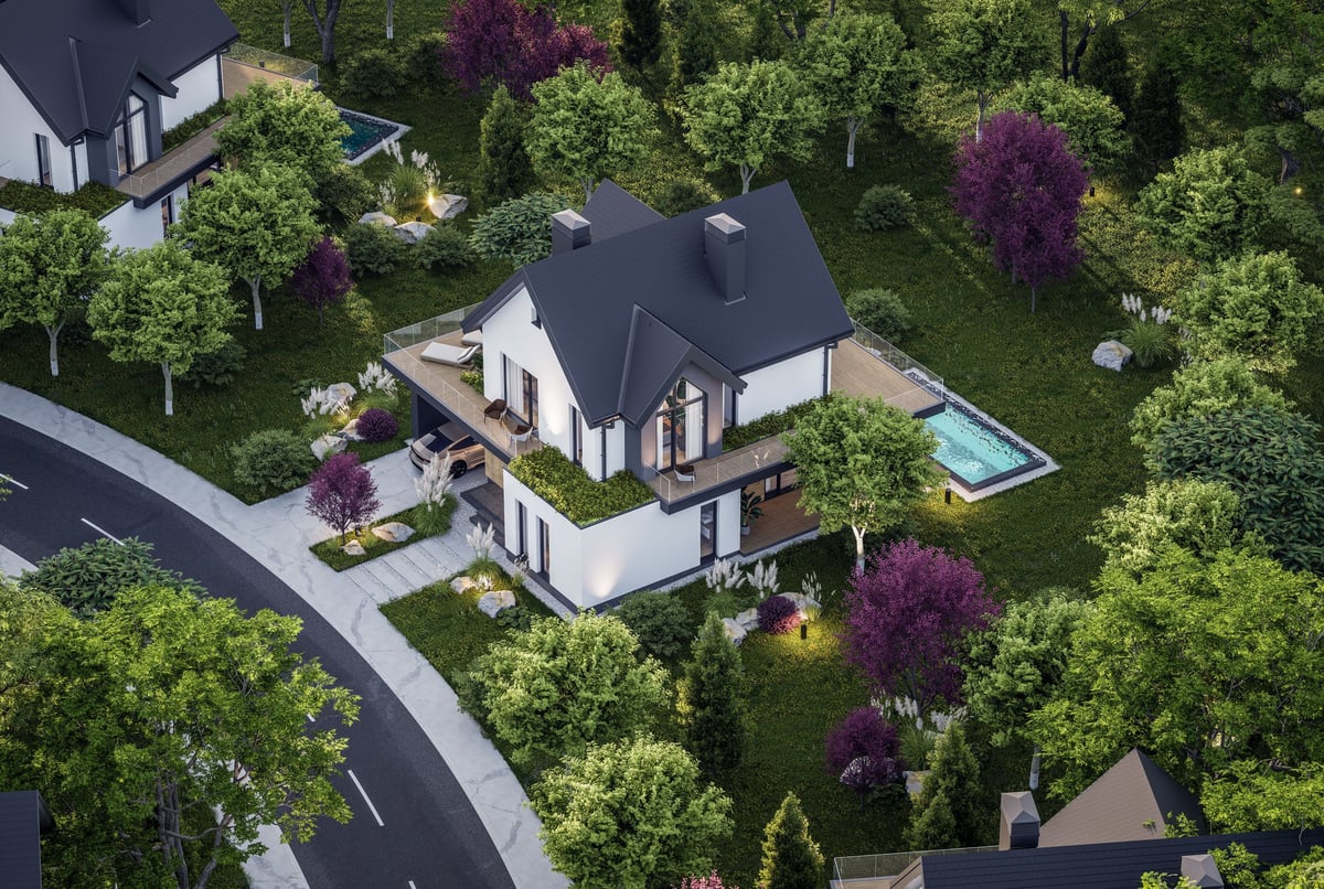 3d rendering of contemporary architectural luxury house exterior at golden hour