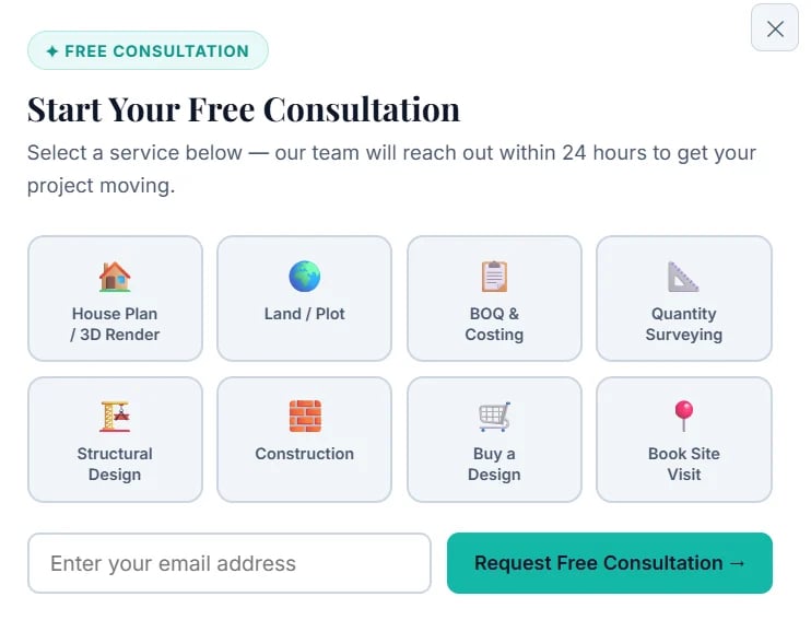 Free consultation form with service options including house plans, land surveys, construction design, and email input field