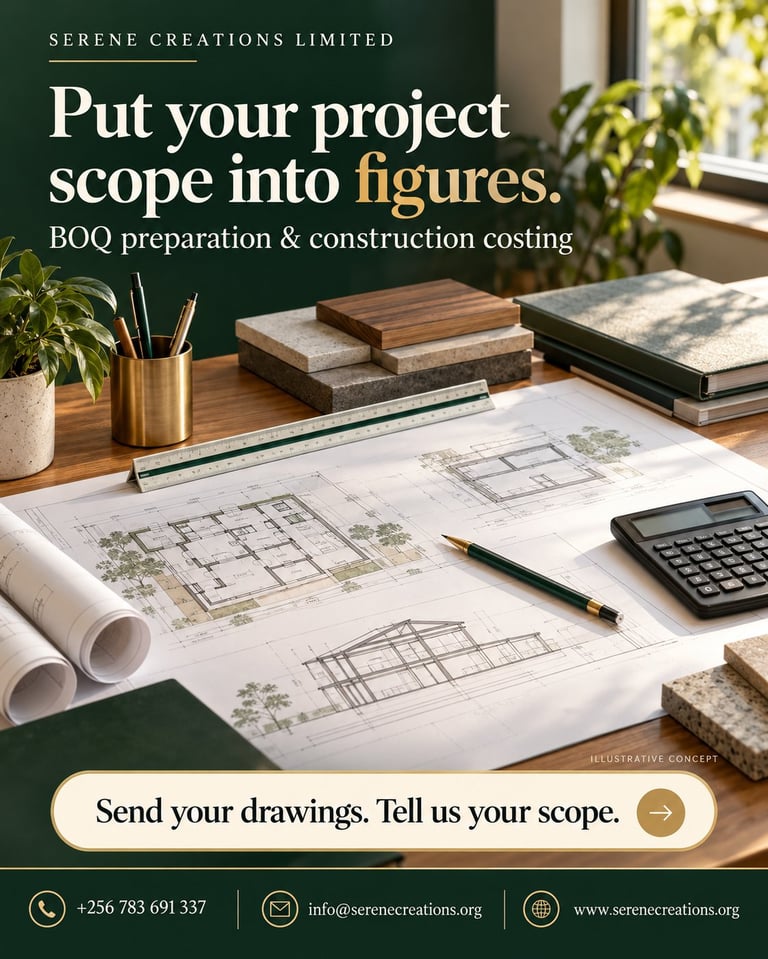 Professional workspace with architectural blueprints, material samples, calculator, and plants on wooden desk promoting Serene Creations Limited construction costing services