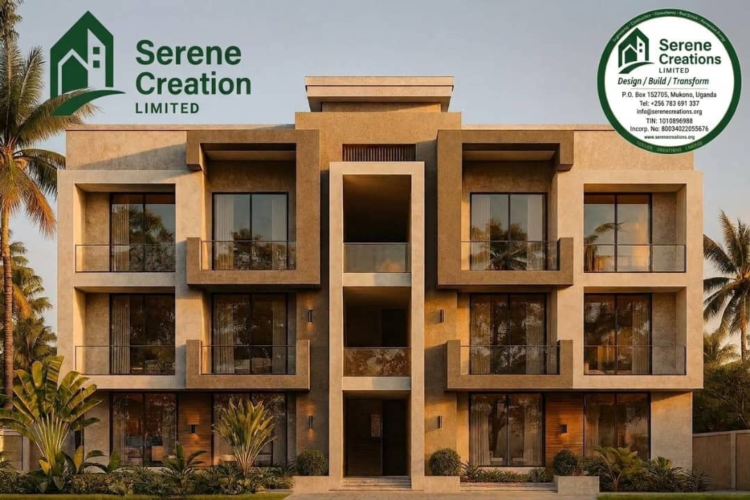 Modern three-story residential building with beige stone facade, large windows, and tropical landscaping. Serene Creation Limited branding visible.