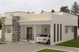 Modern single-story house with cream-colored facade, stone accent wall, and white car parked under carport