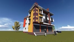 Bright yellow and red tiny house on wheels with steps and a green lawn under blue sky