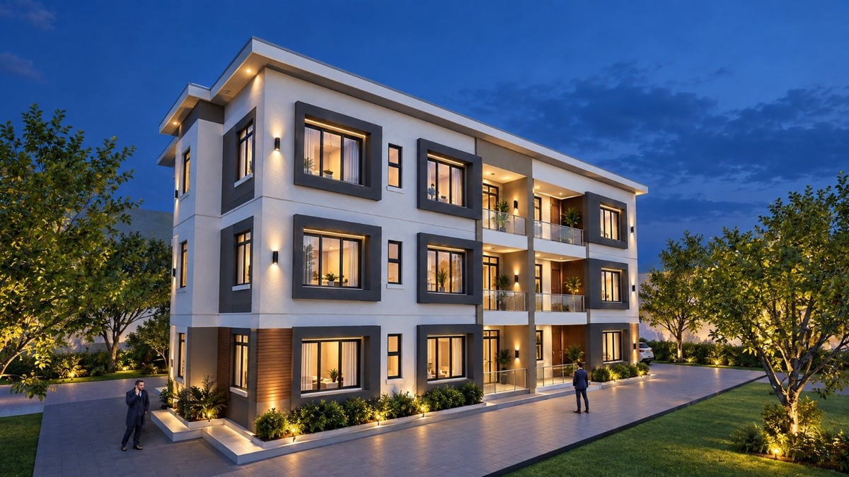 Modern three-story residential apartment building with illuminated windows at dusk, surrounded by landscaping and trees
