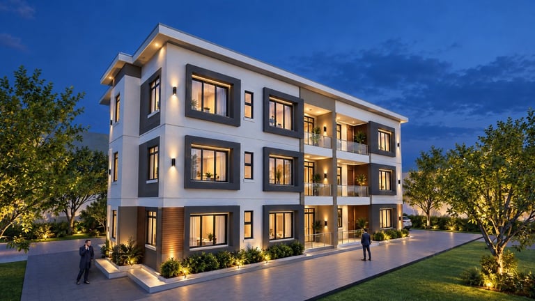 Modern three-story residential apartment building with illuminated windows at dusk, surrounded by landscaping and trees