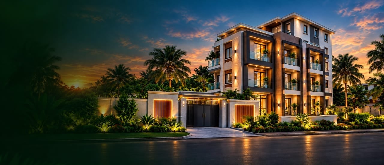 Modern luxury waterfront home illuminated at dusk with palm trees, manicured landscaping, and a detached garage
