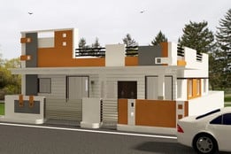 Modern minimalist house with mixed materials, brown and gray tones, geometric design, and a car parked alongside