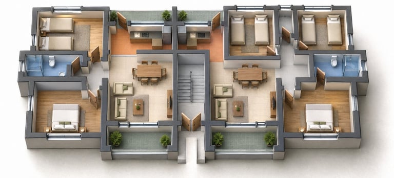 3D floor plan showing dual apartment units with bedrooms, bathrooms, living areas, and shared central spaces