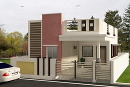 Modern two-story house with cream and terracotta brick exterior, metal gate, parked car, and landscaping