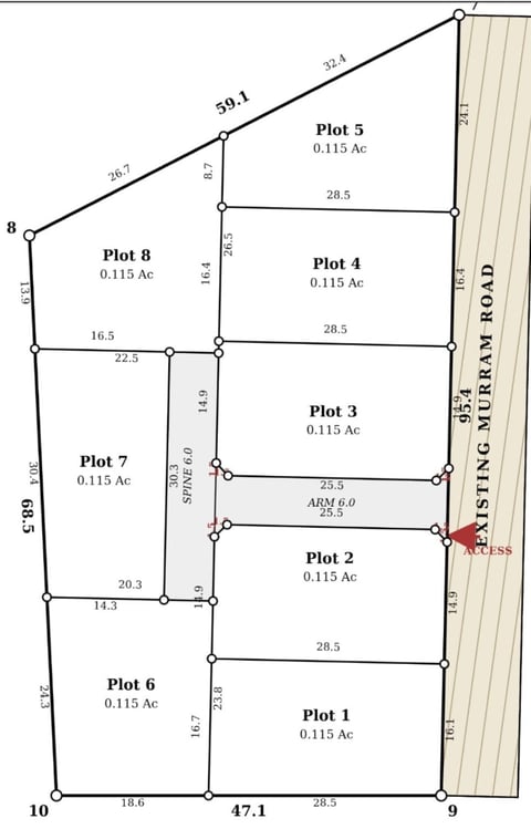 Surveyed property plot map showing 8 residential lots (Plots 1-8) each 0.115 acres with measurements and dimensions labeled, bordered by Existing Murram Road