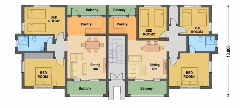 Architectural floor plan layout showing multiple bedrooms, sitting rooms, kitchens, bathrooms, and balconies in a multi-unit residential building
